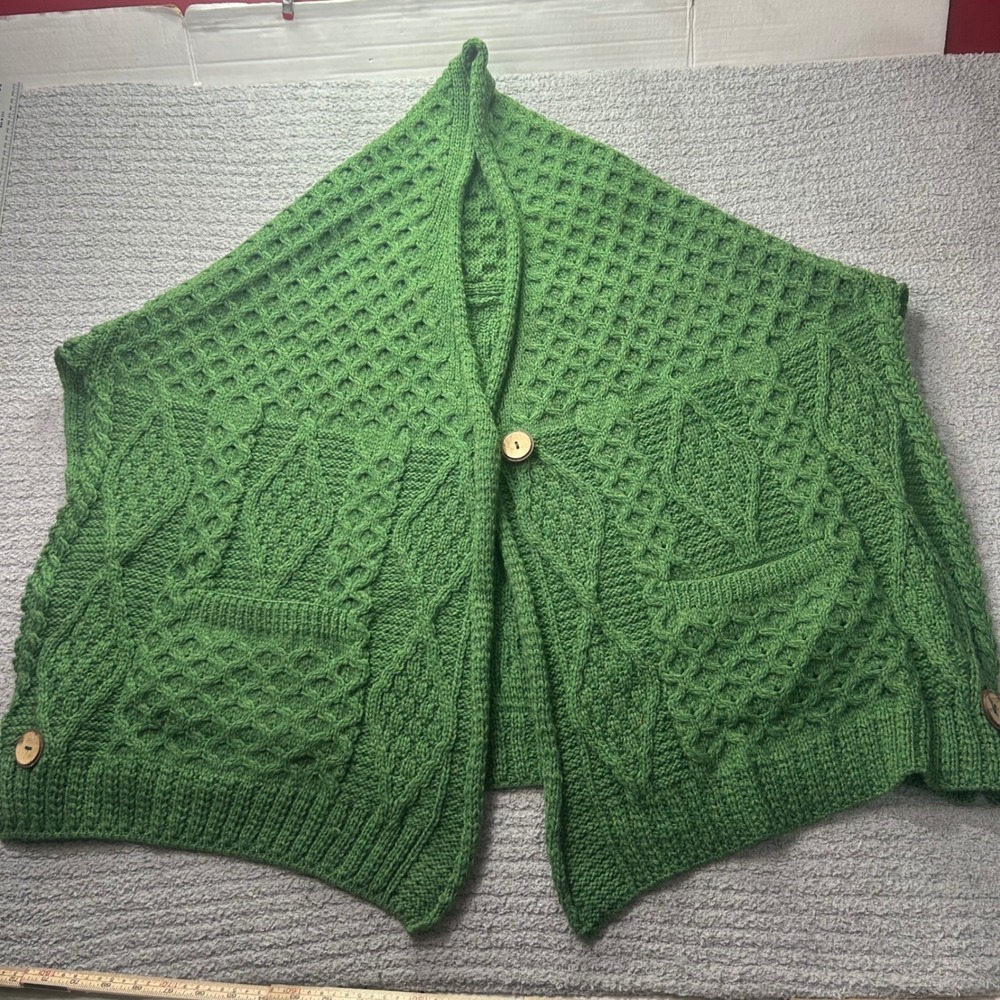 Kilronan Knitwear poncho Ireland pure merino Wool Aran Green OS Plus 90s Vintage
